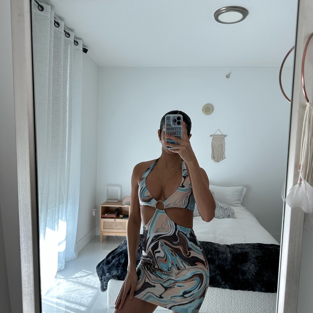 White Fox Boutique Swirl Halter Mini Dress